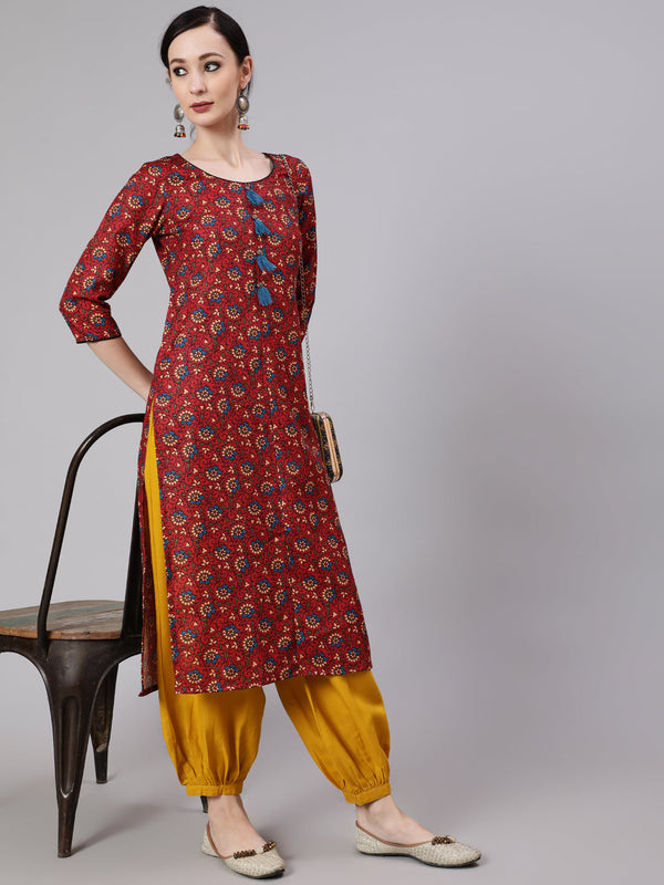 Women's Maroon Floral Print Kurta - Aks