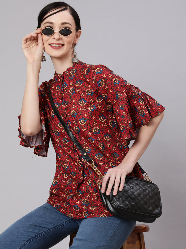 Women's Maroon Floral Print Tunic - Aks