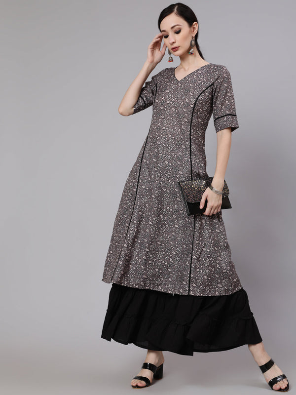 Women's Grey Floral Print A-Line Kurta - Aks