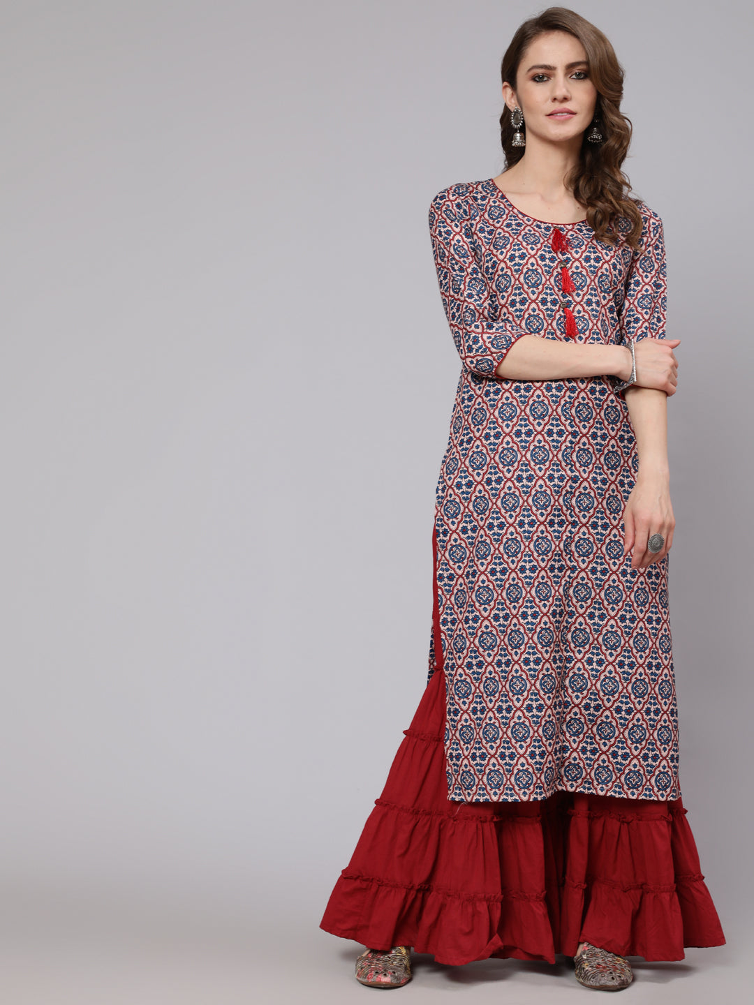 Women's Blue & Maroon Printed Straight Kurta - Aks