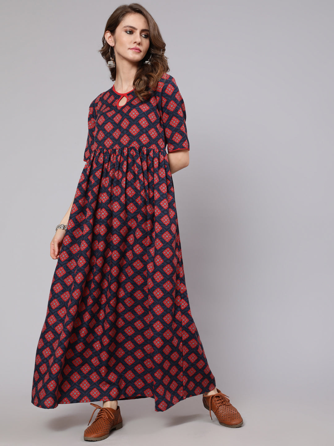 Women's Maroon & Blue Printed Gathered Dress - Aks