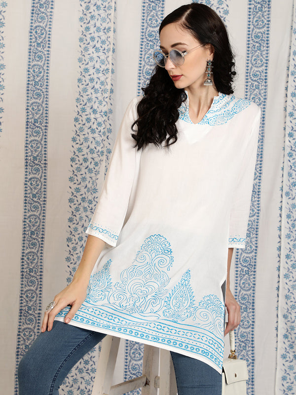 Women's White Hand Block Print Tunic - Aks