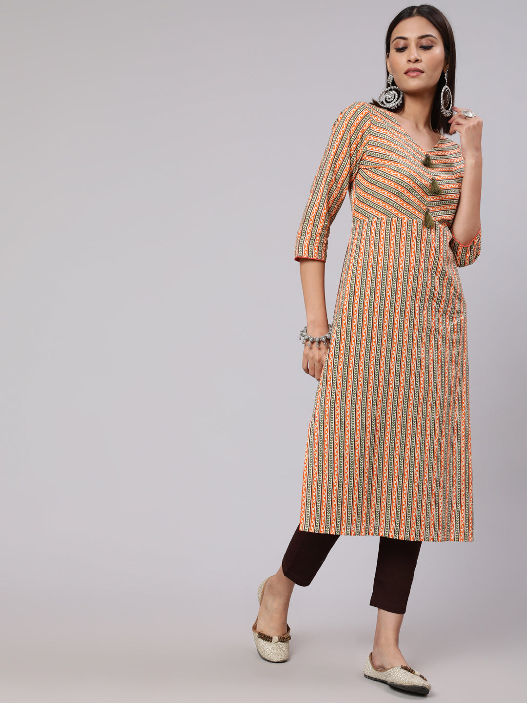 Women's Orange Striped Printed Straight Kurta - Aks