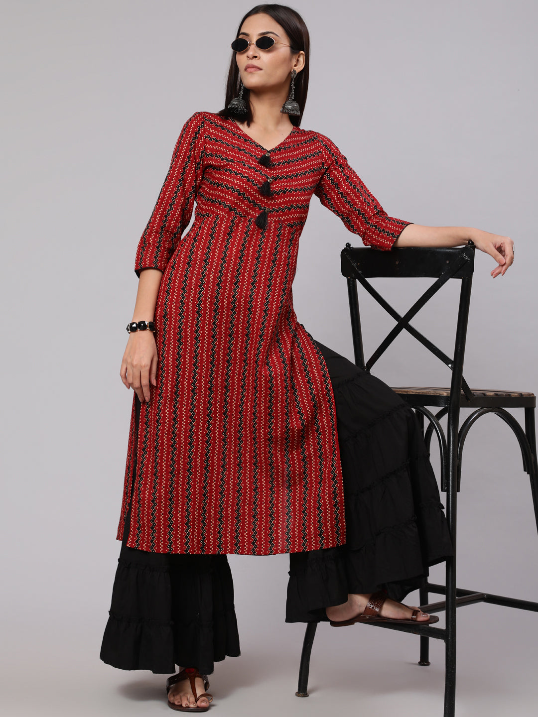 Women's Maroon Striped Printed Straight Kurta - Aks