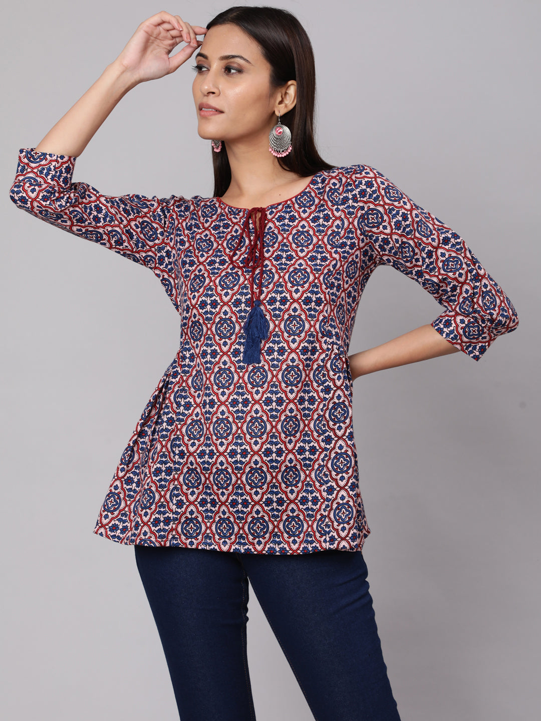 Women's Blue & Maroon Printed Tunic - Aks