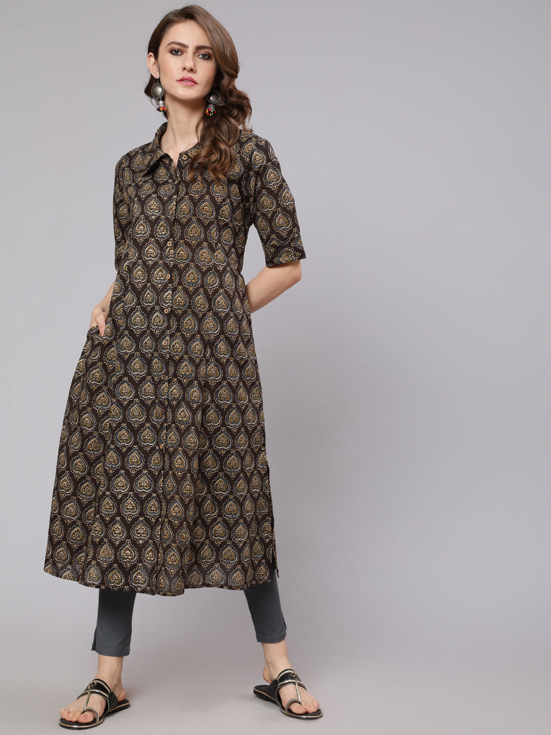 Women's Olive & Grey Printed Button Down Kurta - Aks