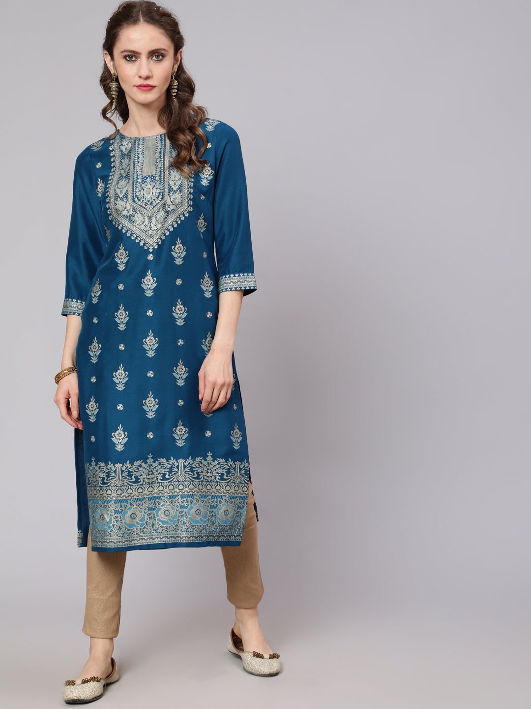 Women's Rayol Blue Gold Printed Straight Kurta - Aks