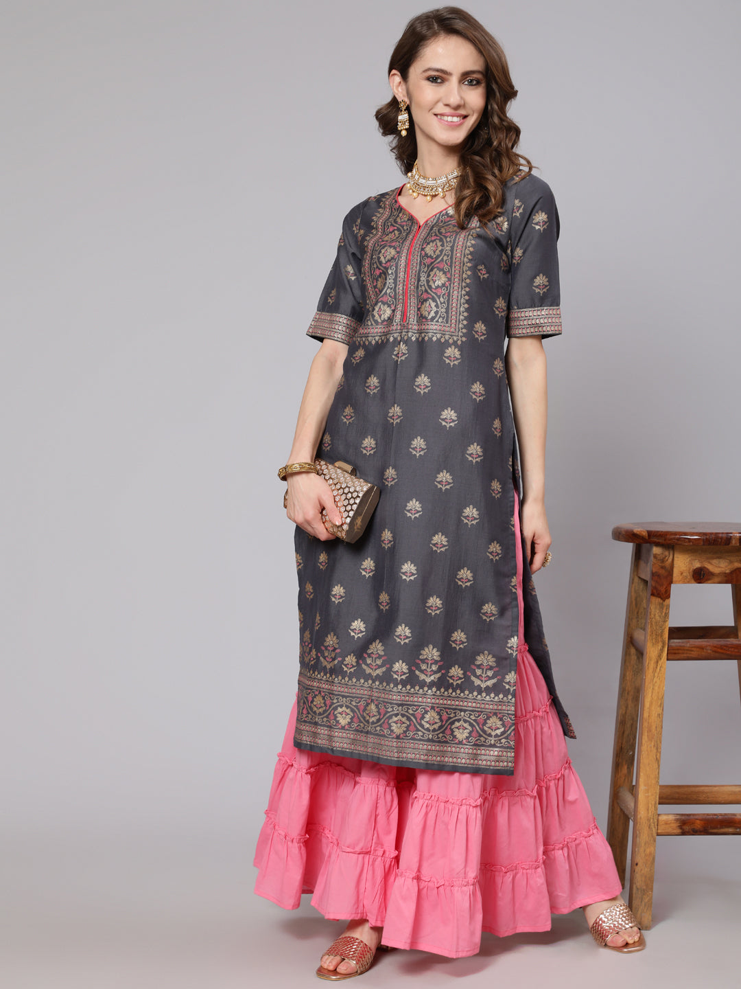 Women's Grey Gold Placement Printed Straight Kurta - Aks