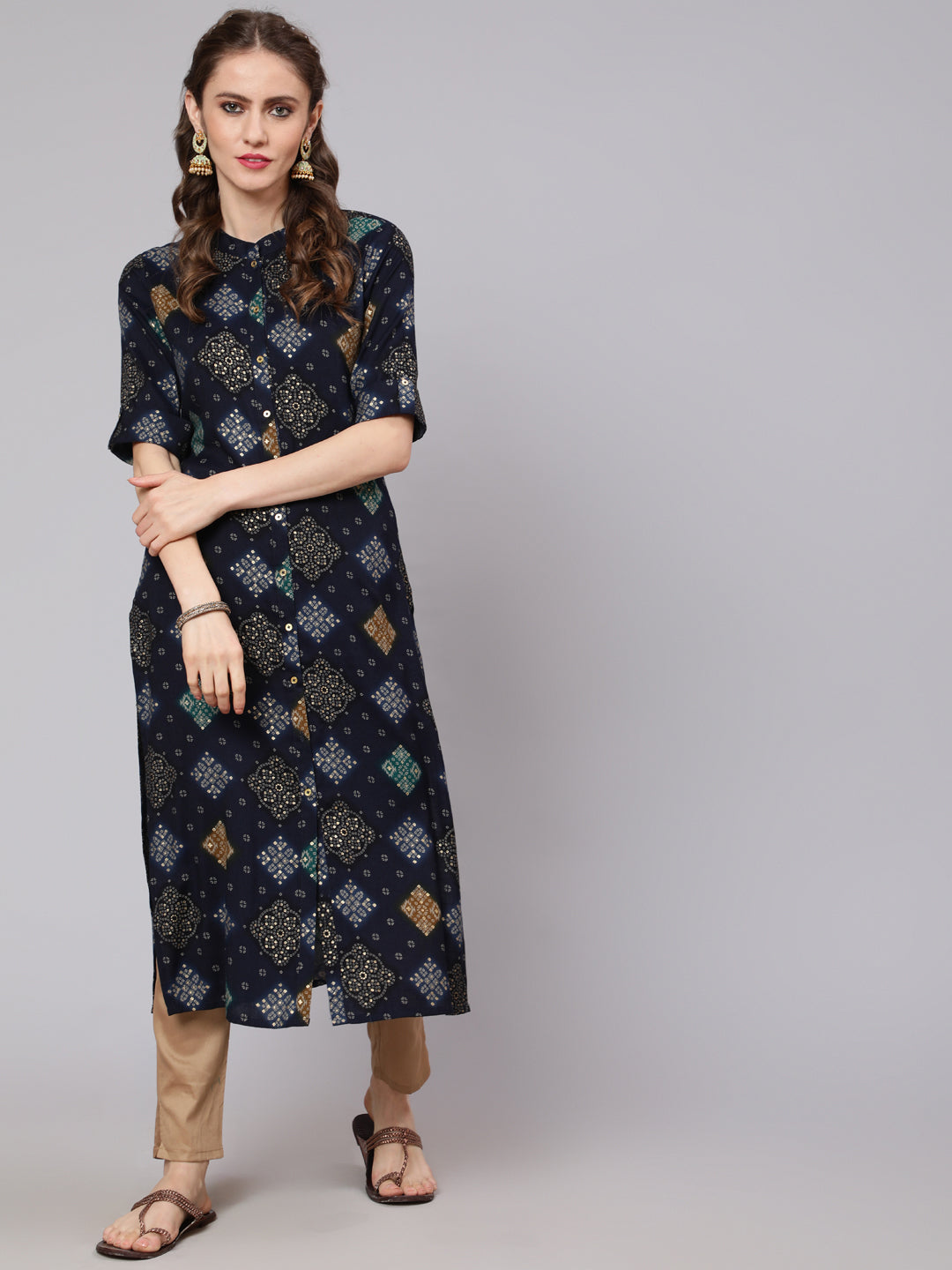 Women's Blue Gold Bandhani Printed Button Down Kurta - Aks