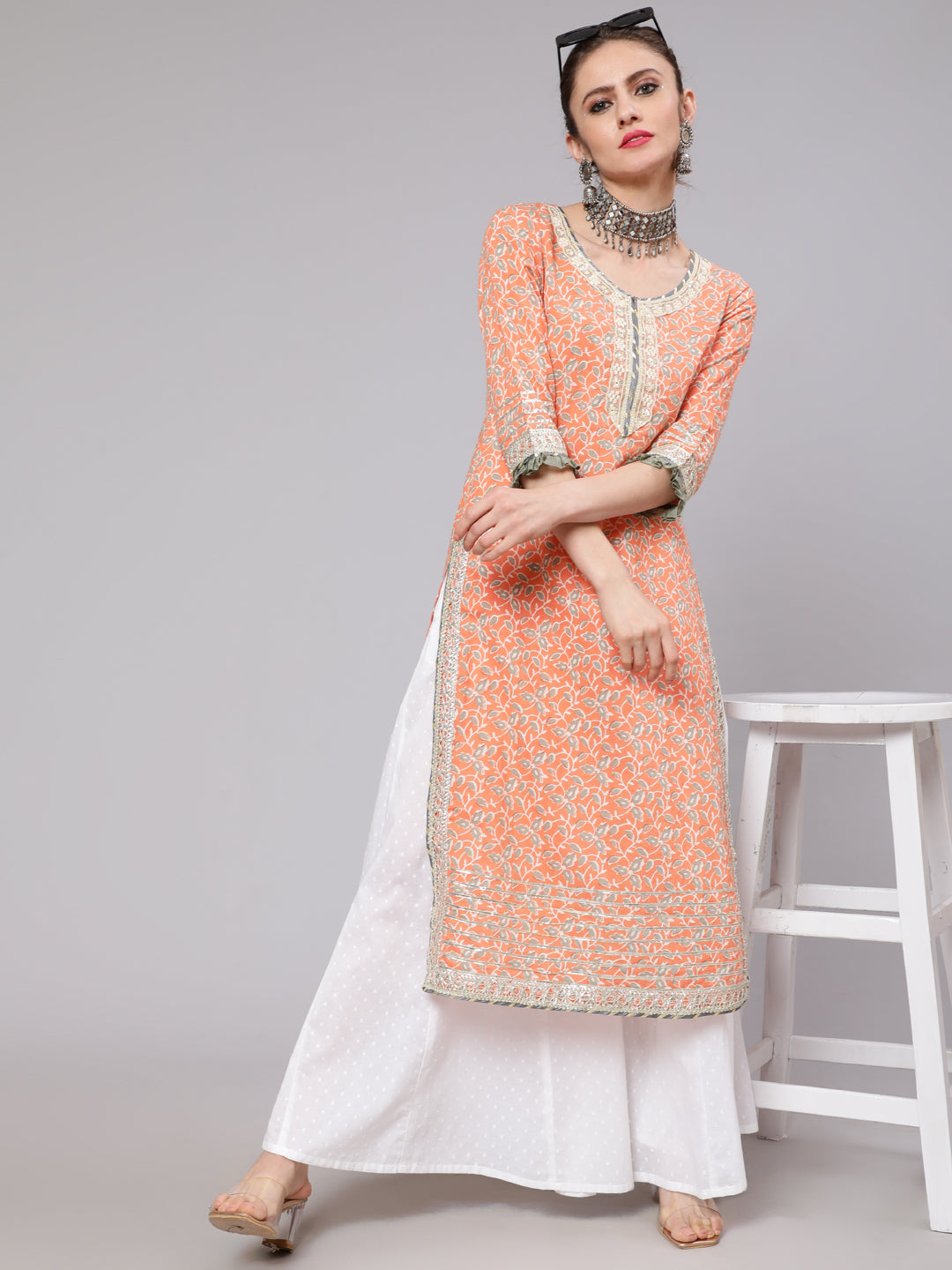 Women's Peach & Grey Floral Printed Straight Kurta With Lace Detail - Aks