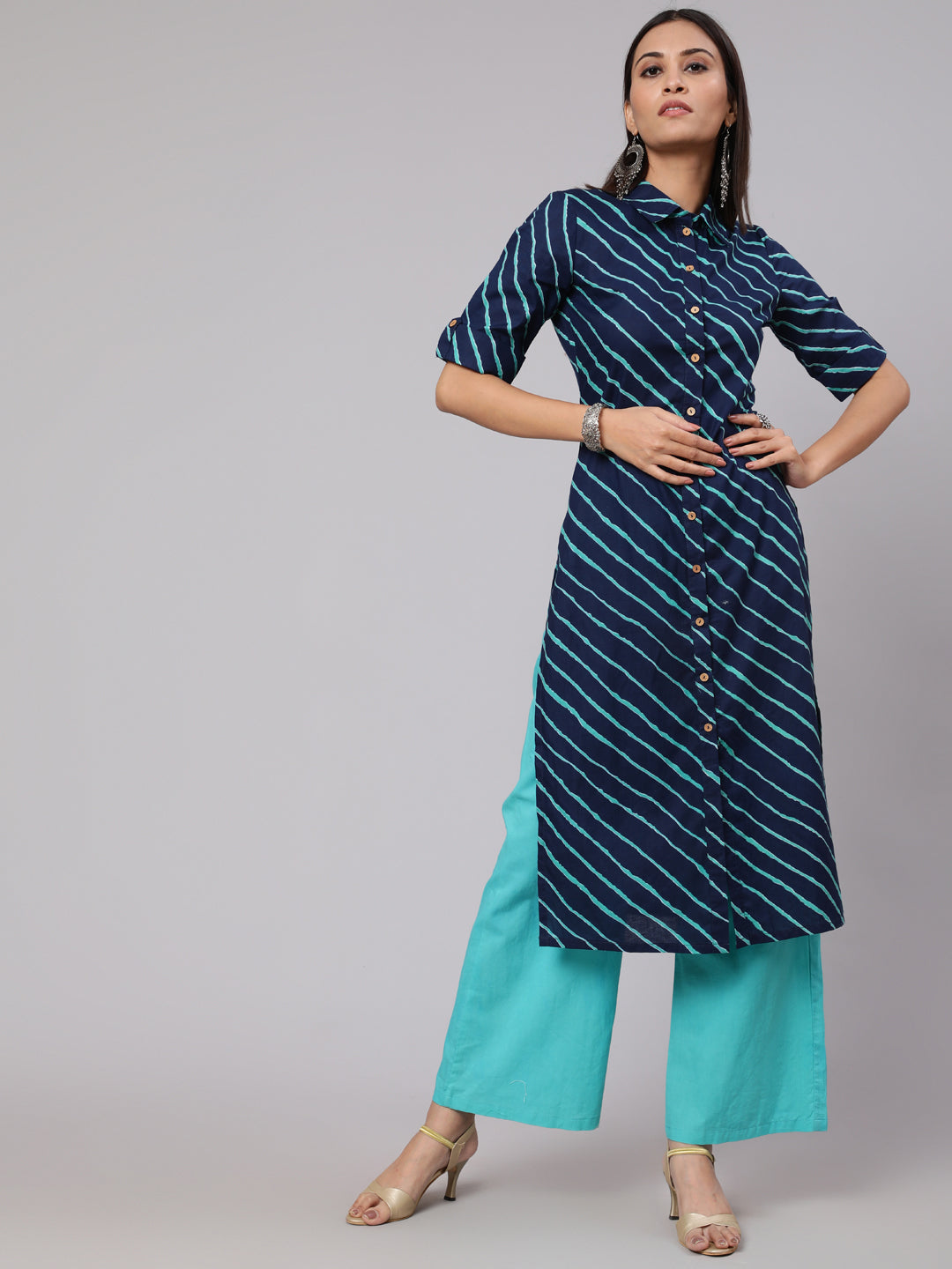 Women's Blue Leheriya Printed Button Down Straight Kurta - Aks