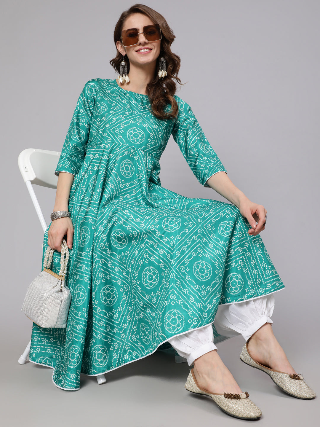 Women's Green & White Bandhani Printed Flared Anarkali - Aks