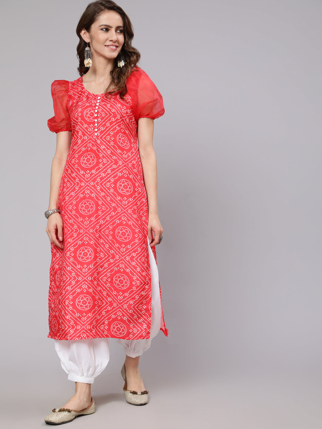 Women's Red & White Bandhani Printed Kurta With Organza Sleeve - Aks