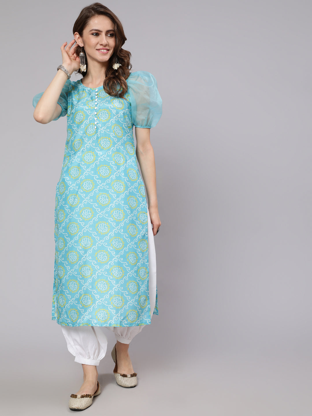 Women's Turquoise Blue & White Bandhani Printed Kurta With Organza Sleeve - Aks