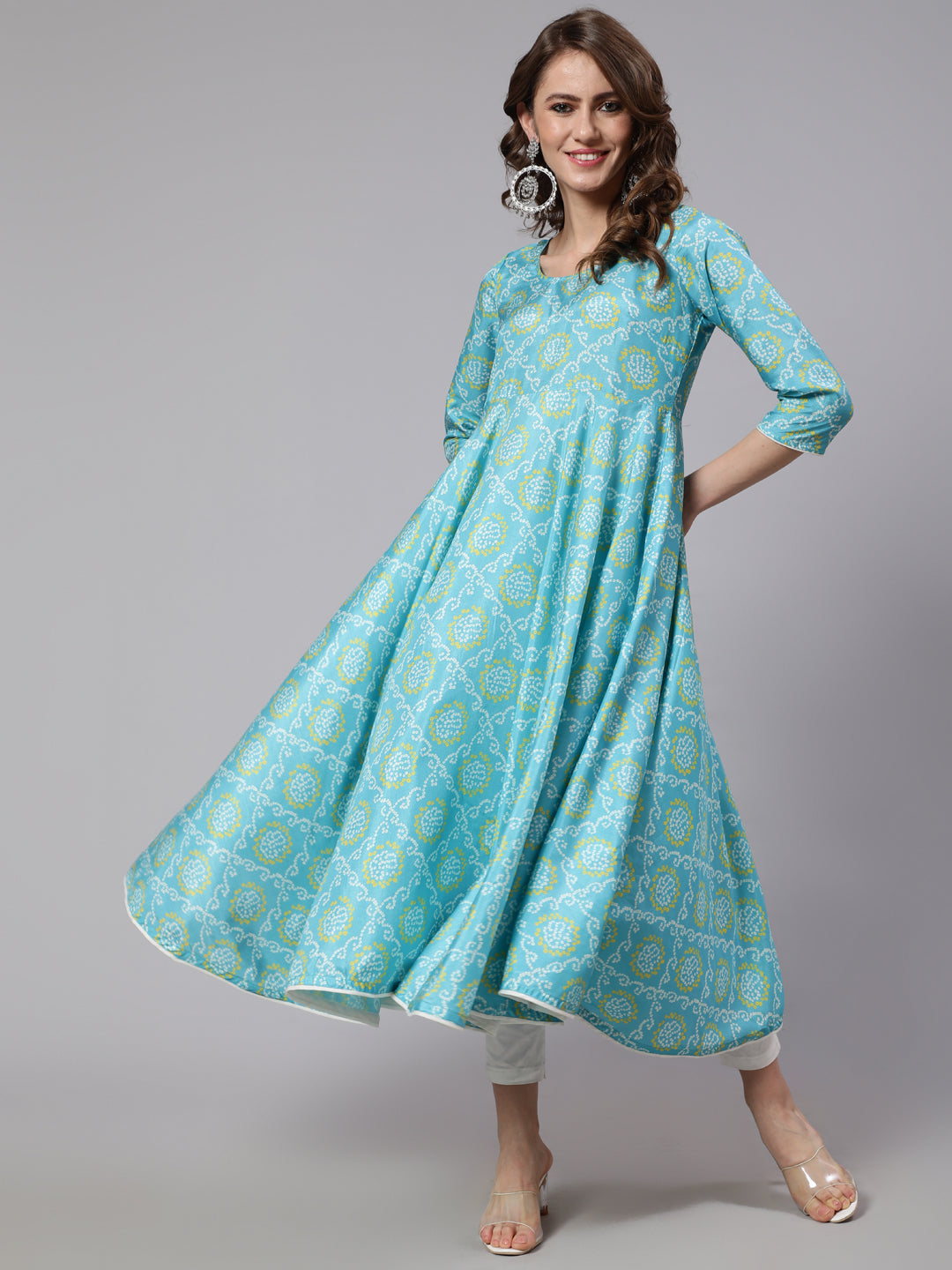 Women's Turquoise Blue & White Bandhani Printed Flared Anarkali - Aks