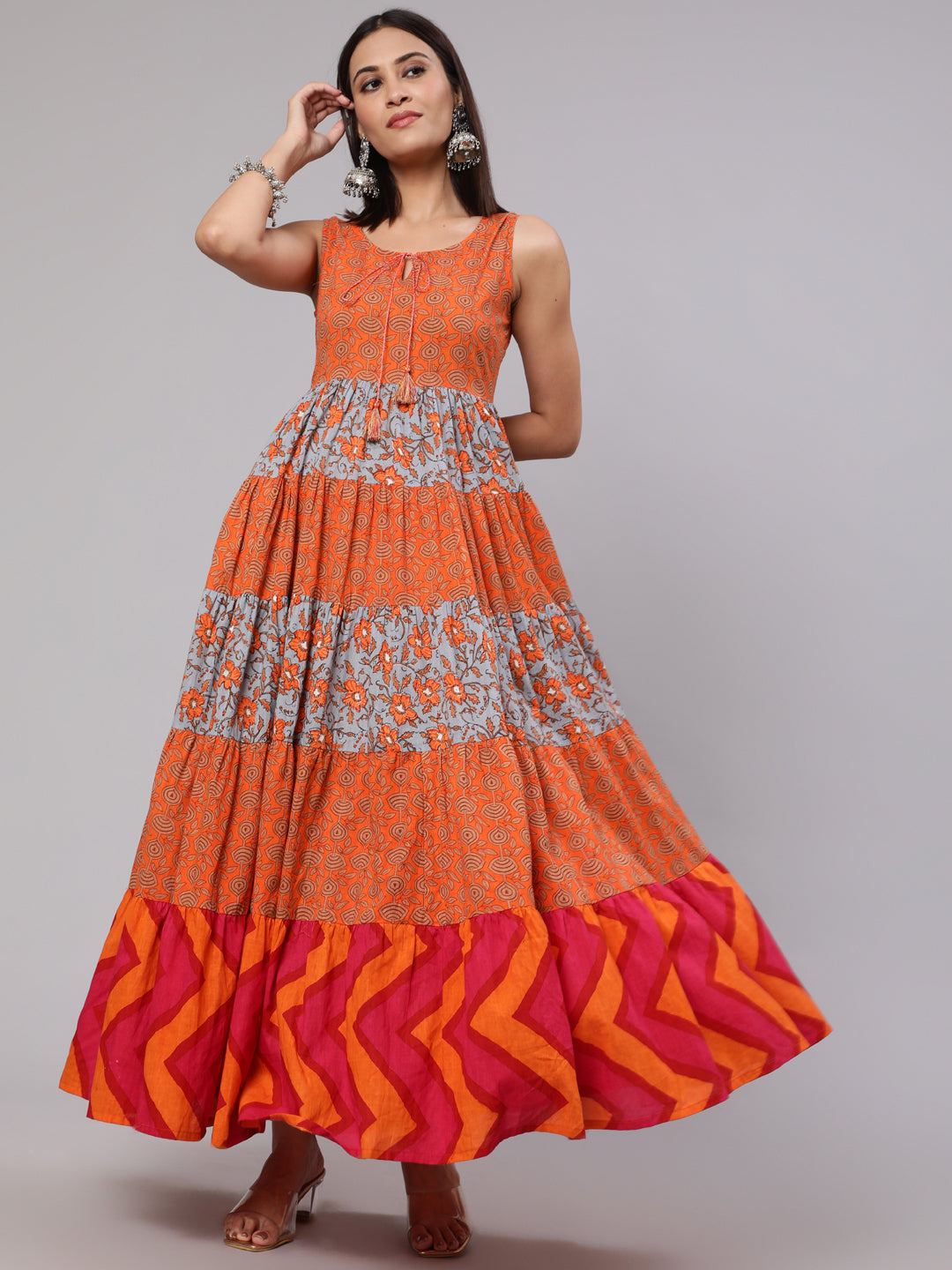 Women's Orange & Grey Floral Printed Flared Maxi - Aks