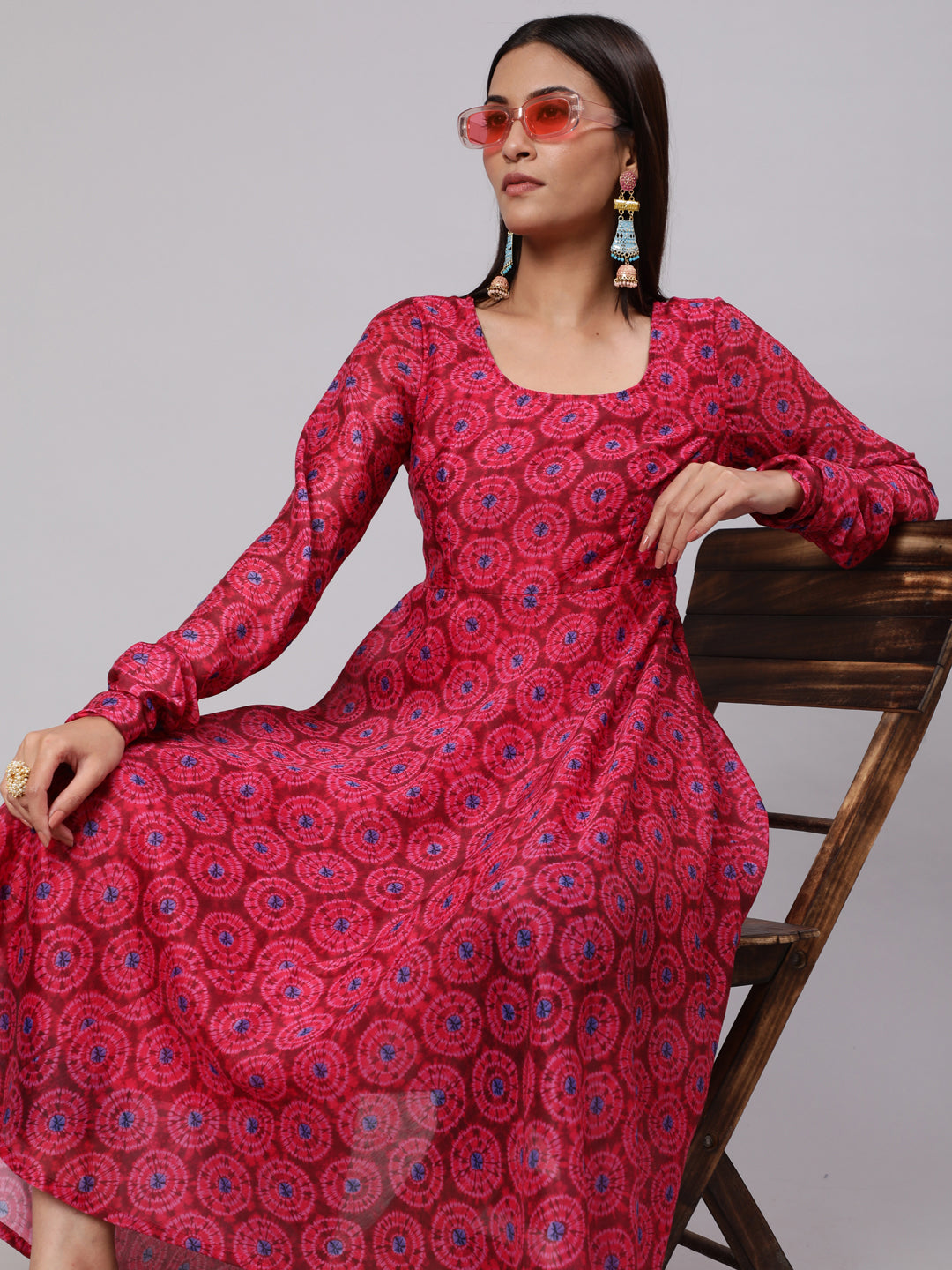 Women's Magenta & Blue Printed Flared Anarkali - Aks