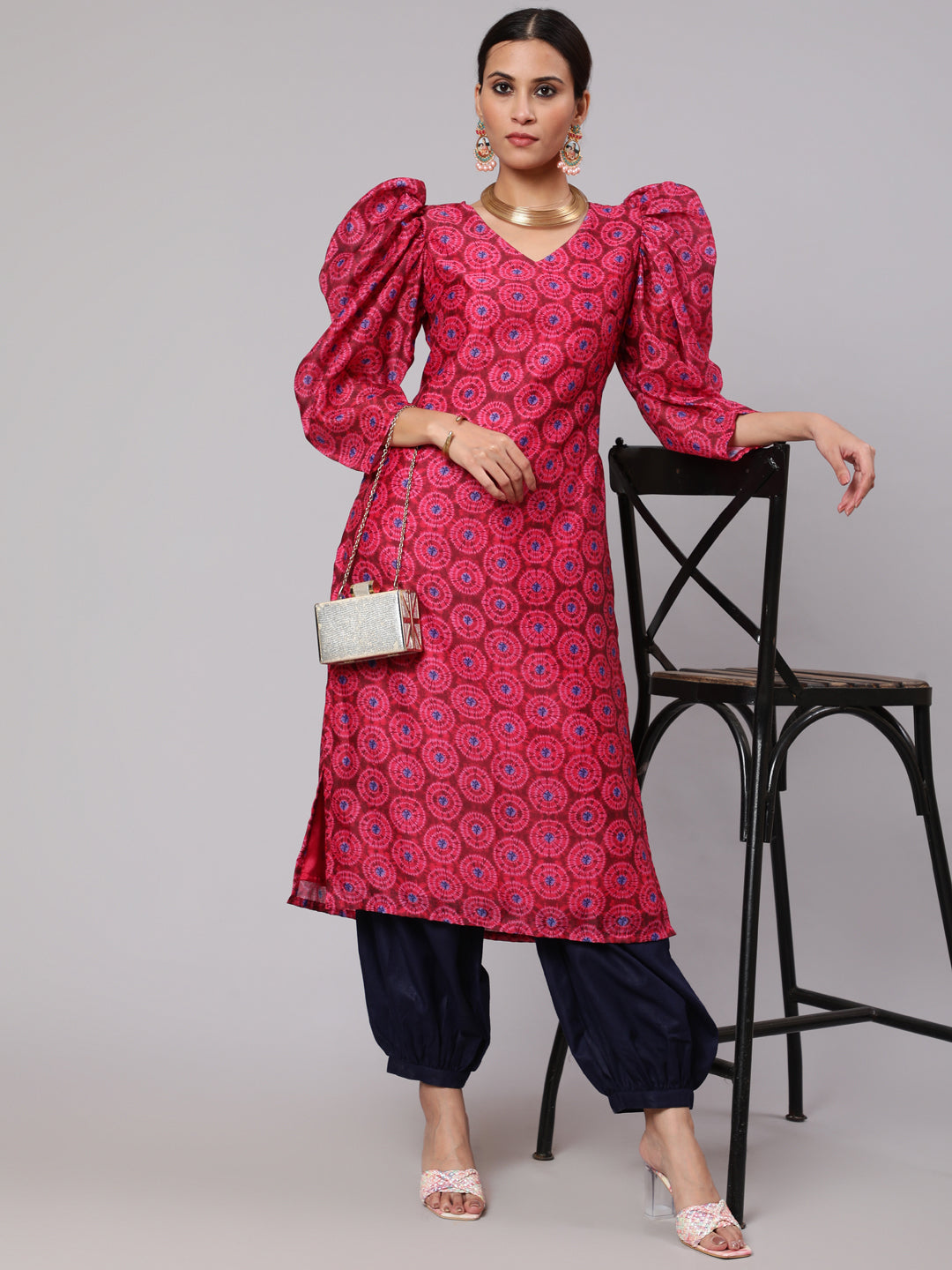 Women's Magenta & Blue Printed Straight Kurta - Aks