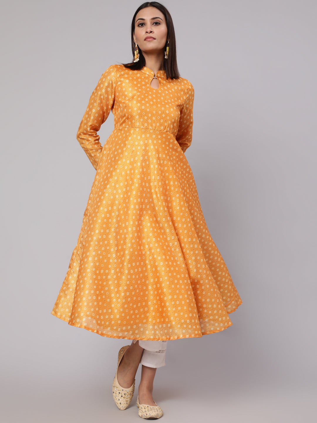 Women's Yellow Printed Flared Anarkali - Aks