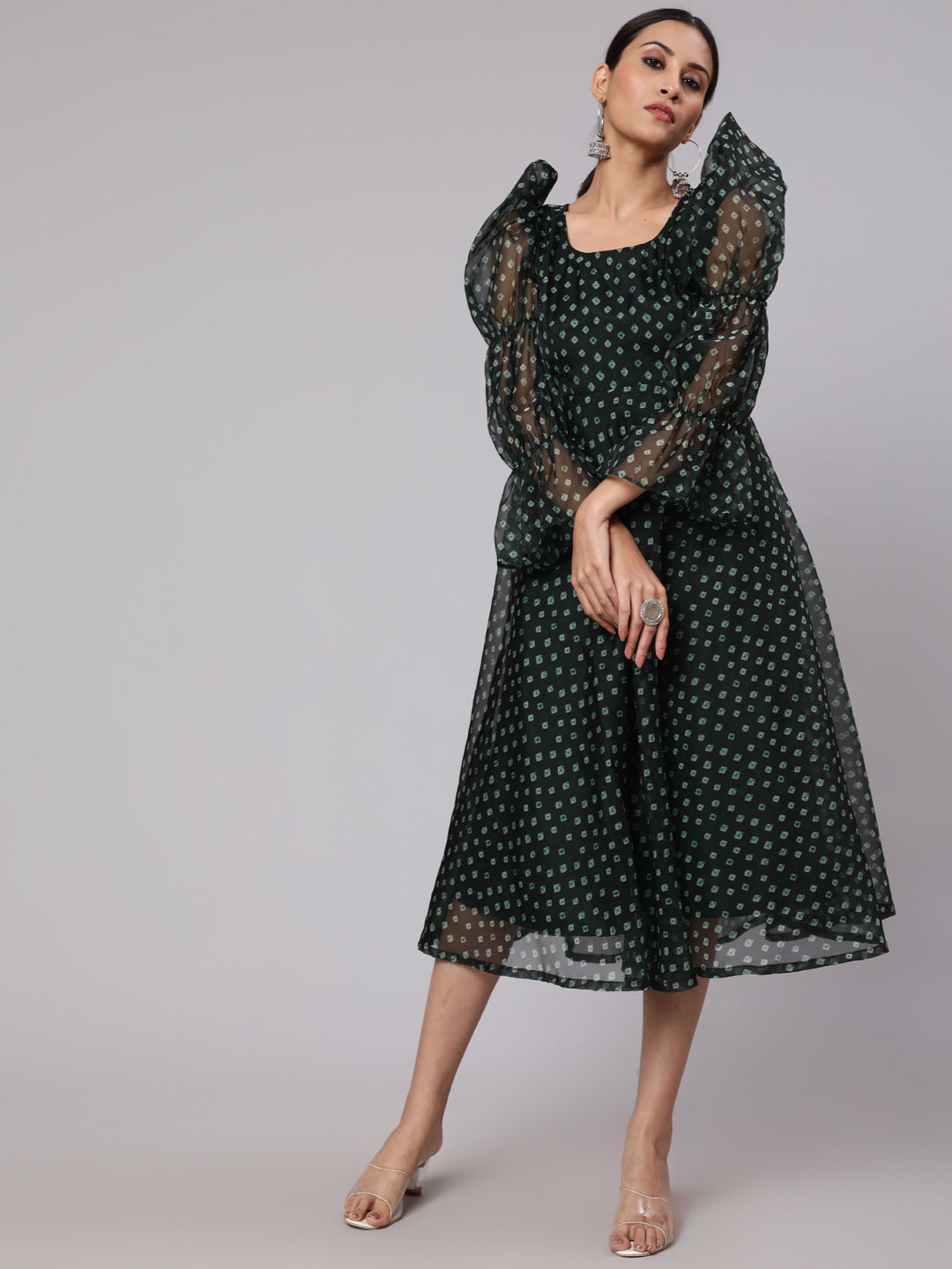 Women's Dark Green Printed Flared Midi Dress With Balloon Sleeve - Aks