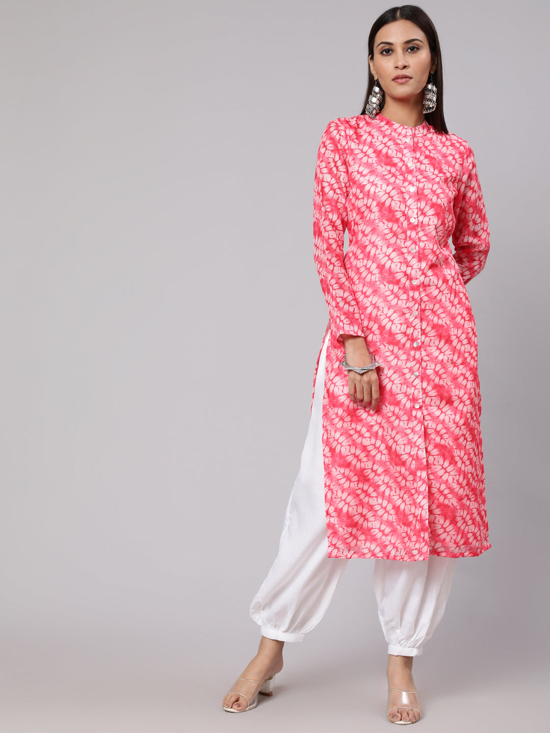 Women's Pink & White Printed Button Down Straight Kurta - Aks