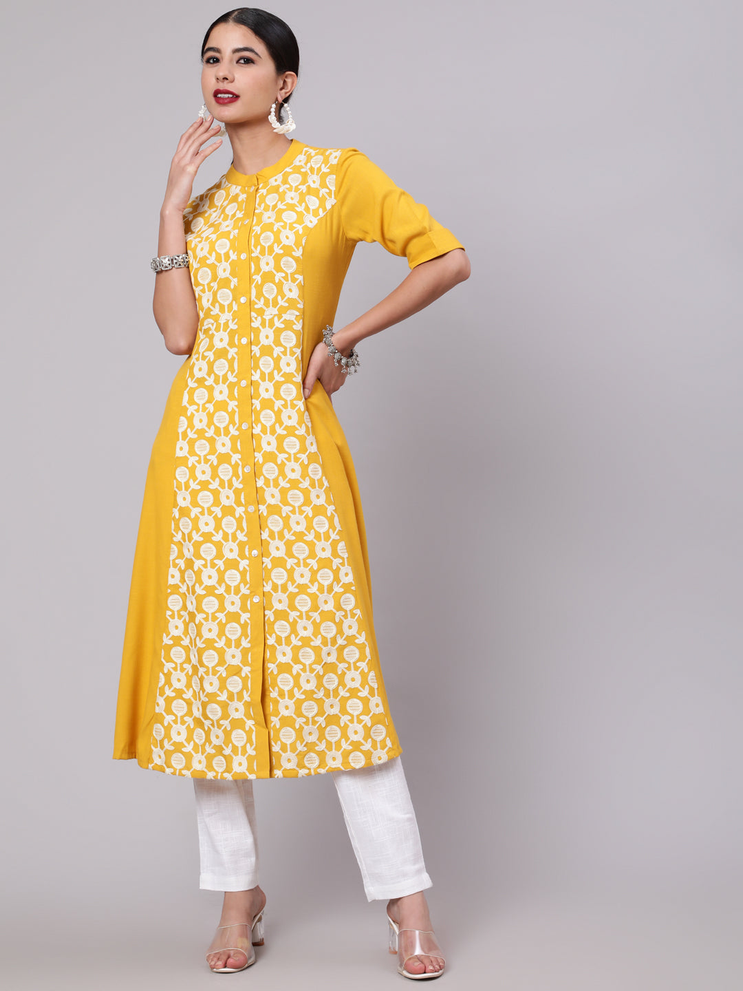 Women's Yellow & White Embroidered Button Down A-Line Kurta - Aks