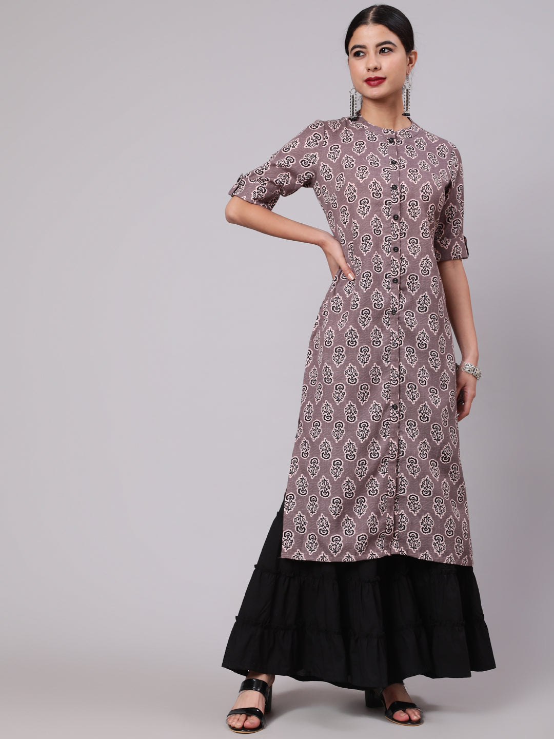 Women's Grey & Black Floral Printed Button Down Kurta - Aks