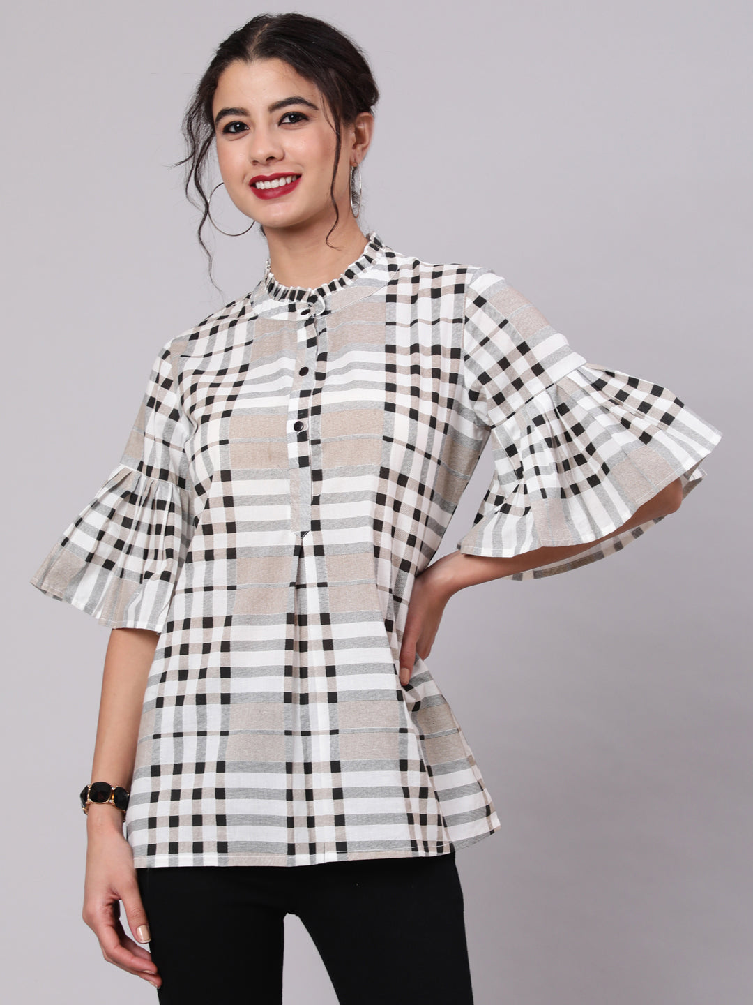 Women's White & Black Checks Printed Tunic - Aks