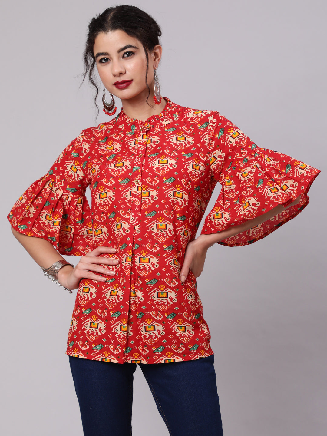 Women's Red & Yellow Abstarc Printed Tunic - Aks