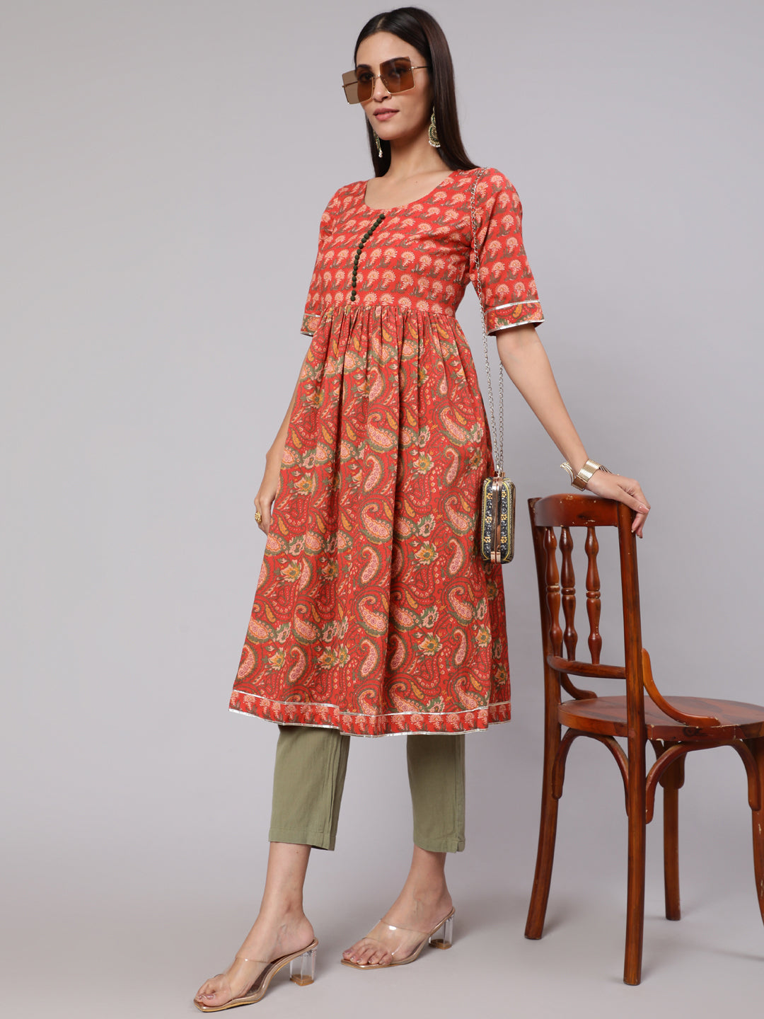 Women's Red & Yellow Floral Printed Gathered Kurta - Aks