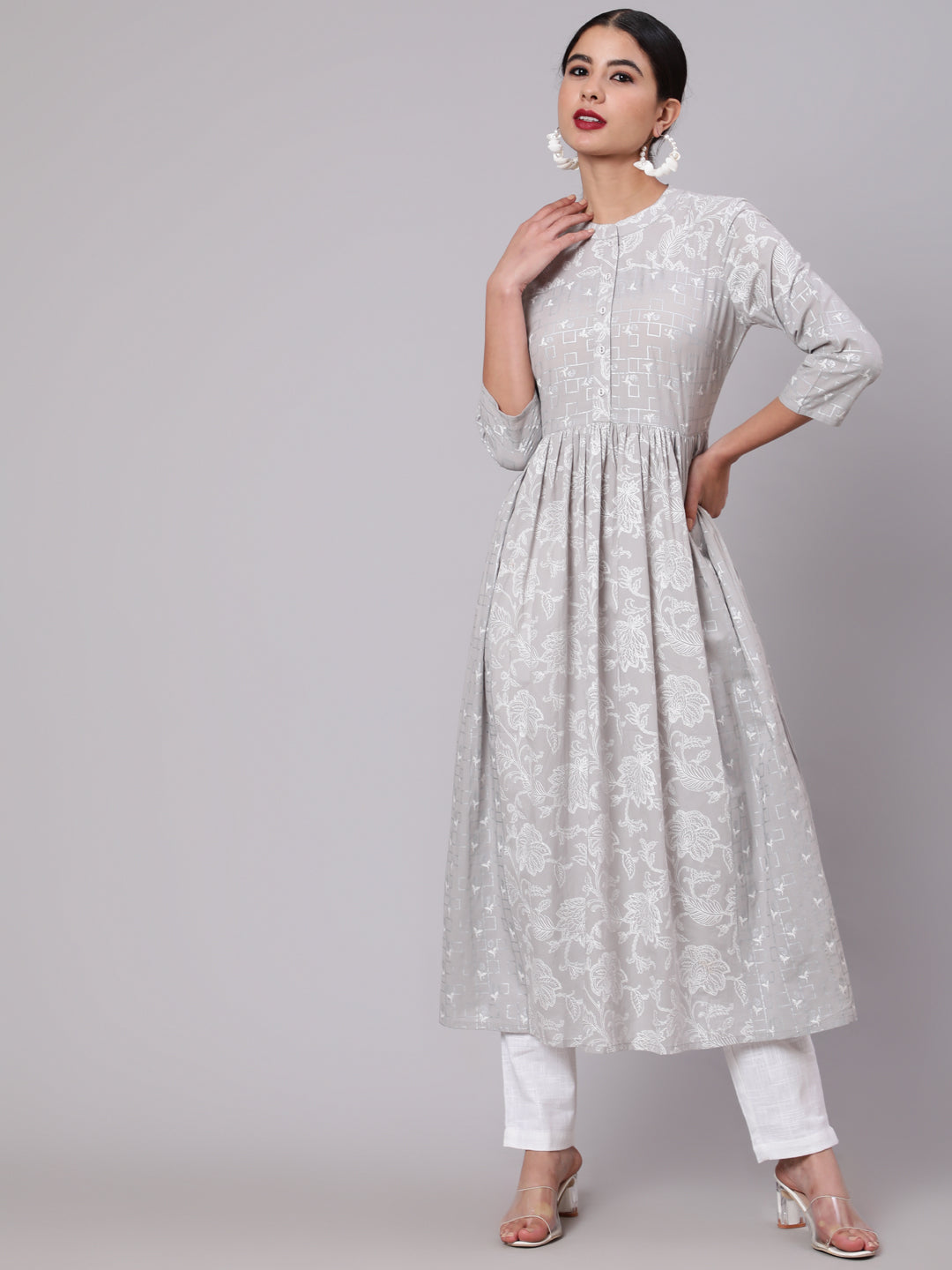 Women's Grey & White Khari Printed Gathered Kurta - Aks