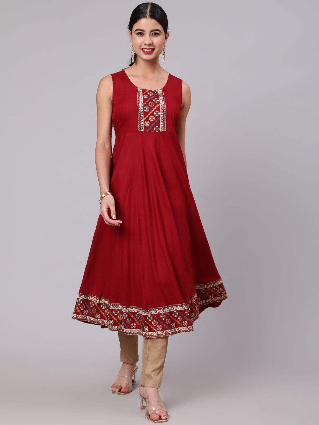 Women's Maroon Solid Anarkali With Printed Border Details - Aks