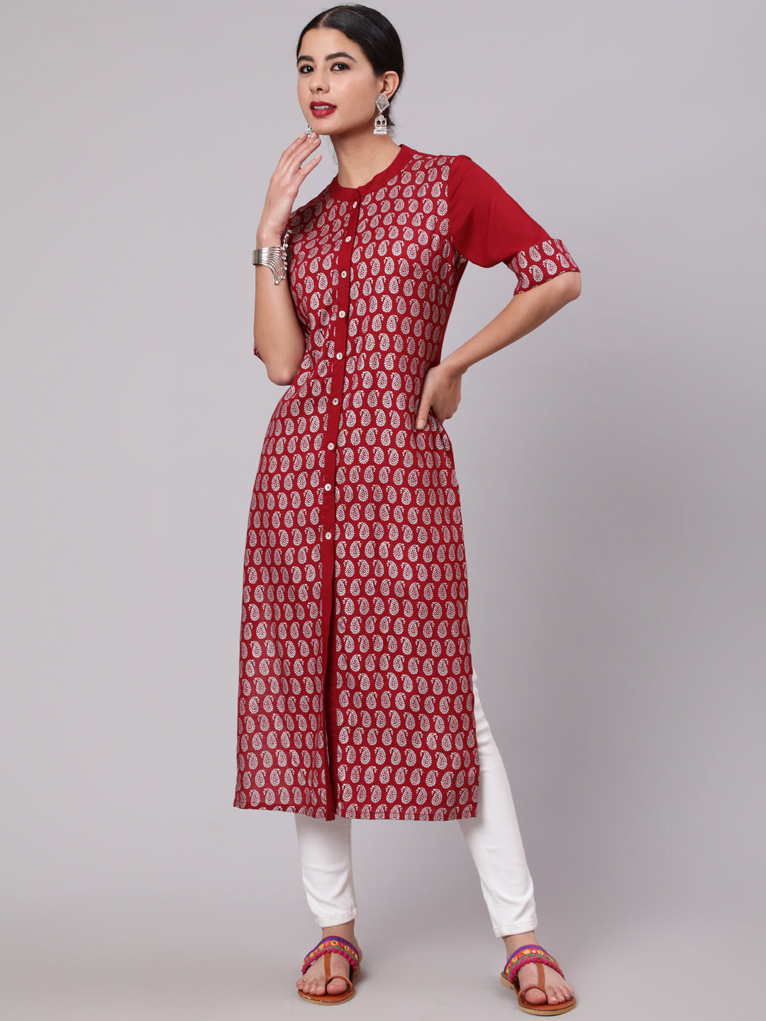 Women's Maroon & Sliver Printed Button Down Straight Kurta - Aks