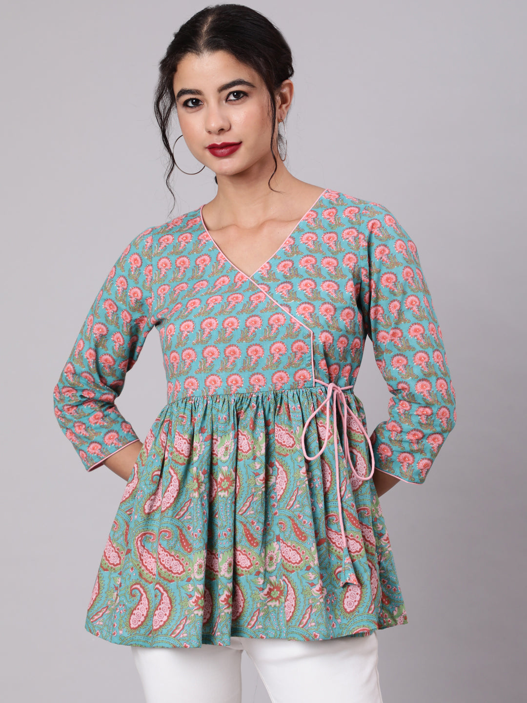 Women's Light Blue & Pink Floral Printed Angrakha Pattern Tunic - Aks