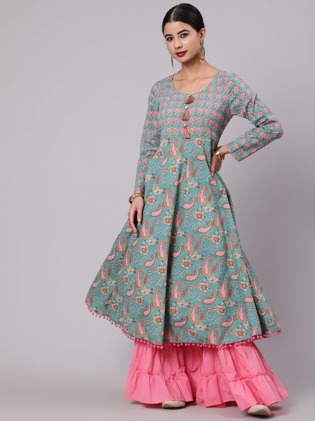 Women's Light Blue & Pink Floral Printed Anarkali With Pom-Pom Lace - Aks