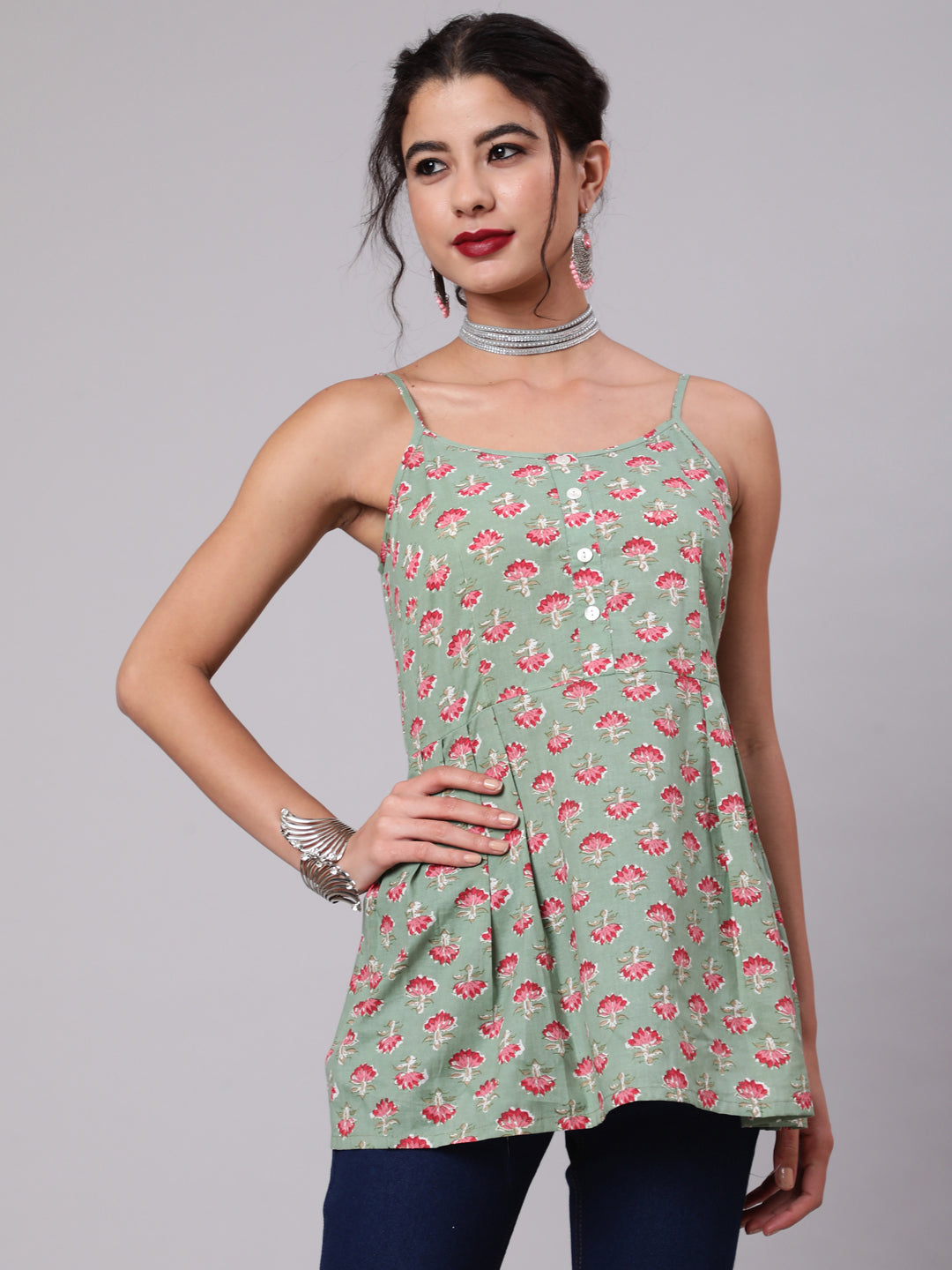 Women's Pastle Green & Pink Floral Printed Top - Aks