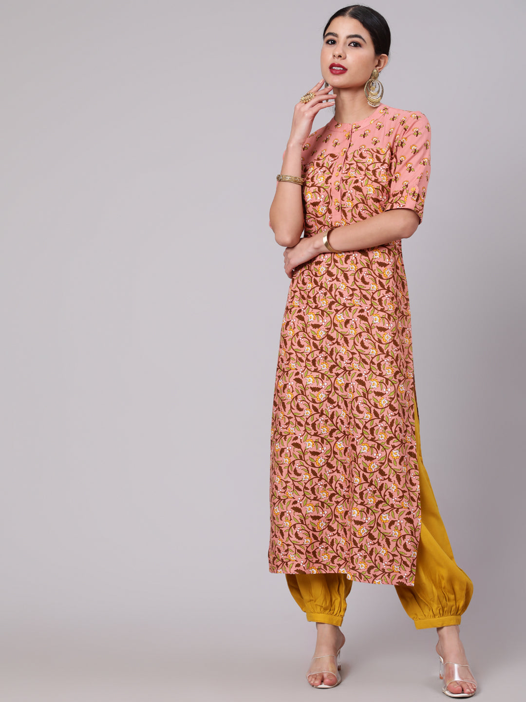 Women's Light Brown & Green Printed Straight Kurta - Aks