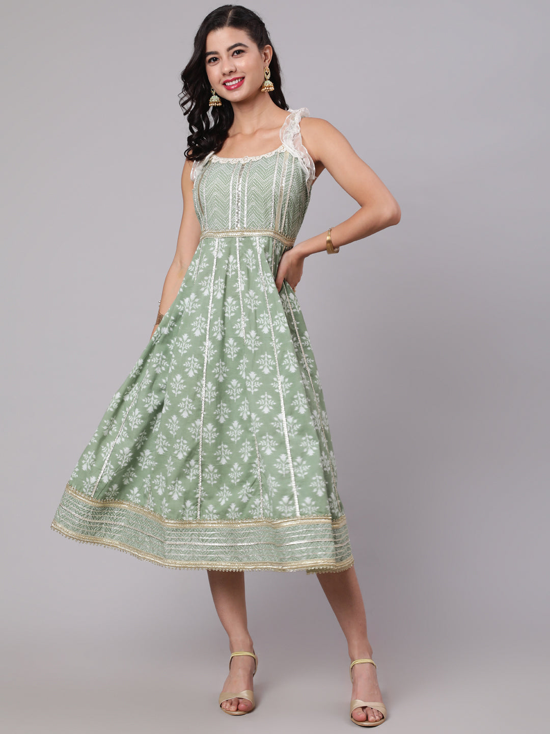 Women's Pastle Green Floral Printed Lace Work Midi Dress - Aks