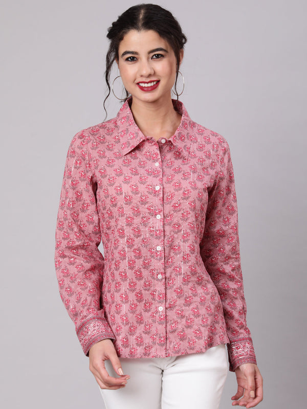 Women's Pink Floral Print Lurex Shirt - Aks