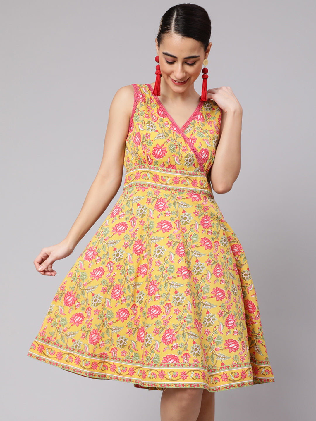 Women's Yellow Floral Printed  A-Line Dress - Aks