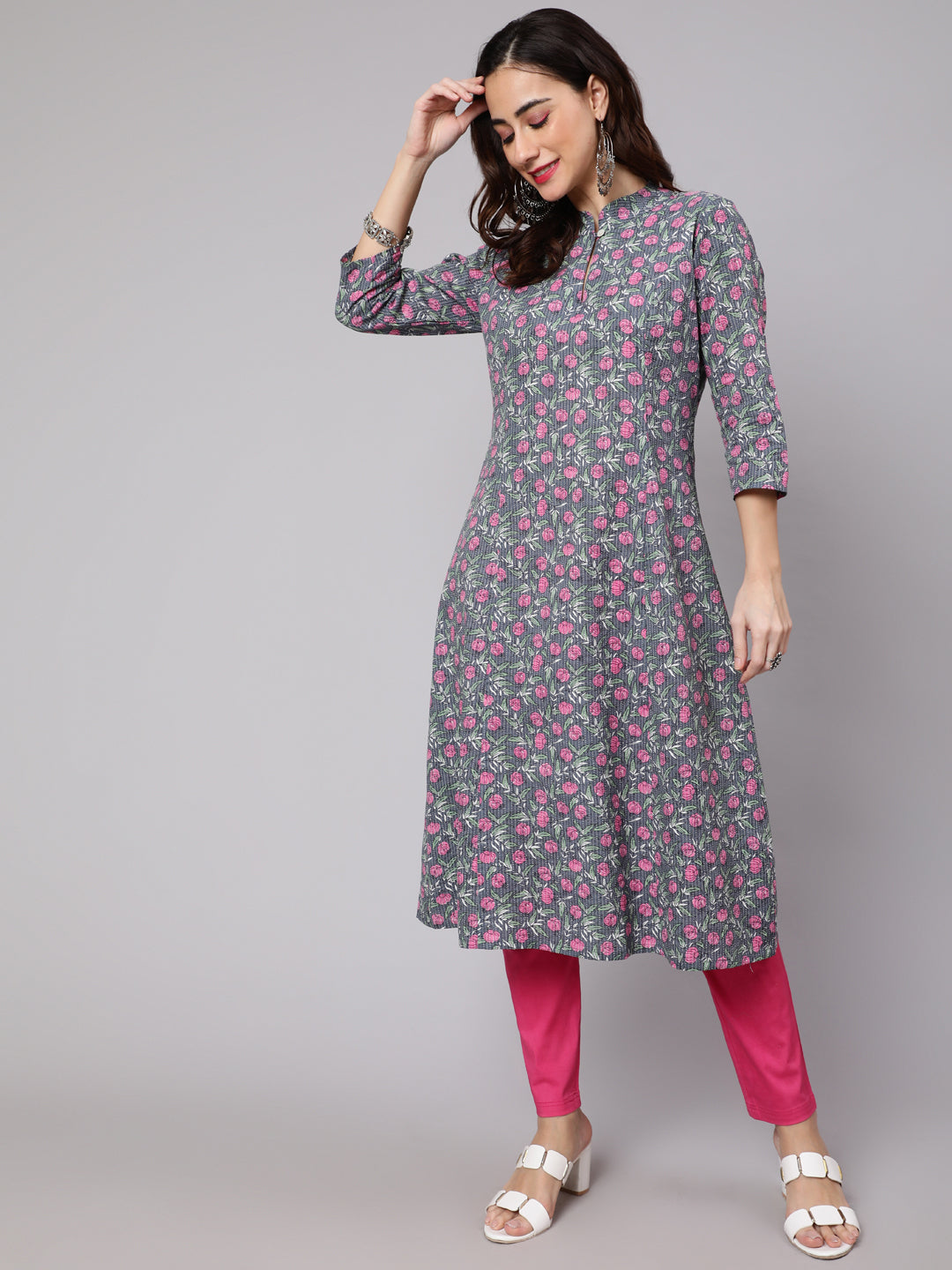 Women's Grey Kantha Floral  Printed A-Line Kurta - Aks