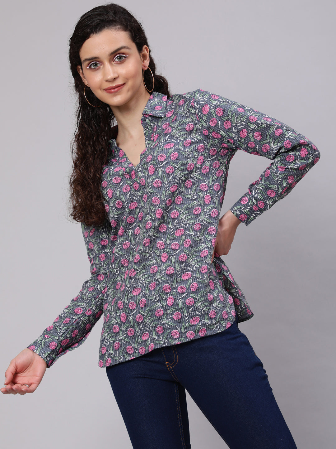 Women's Grey Kantha Floral  Printed Tunic - Aks