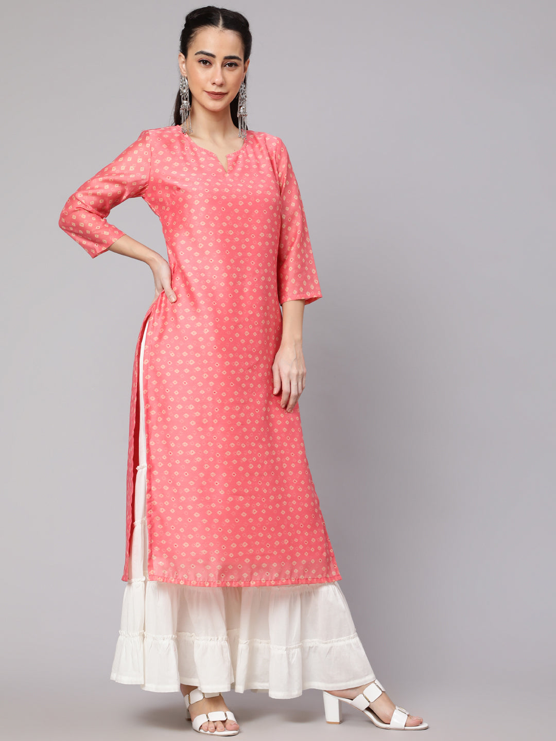 Women's Pink Bandhani Printed Straight Kurta - Aks