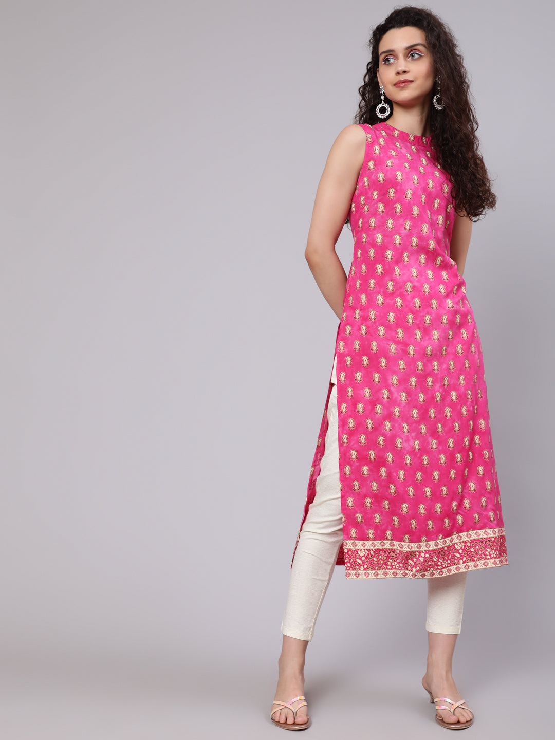 Women's Pink & Gold  Printed Straight Kurta - Aks