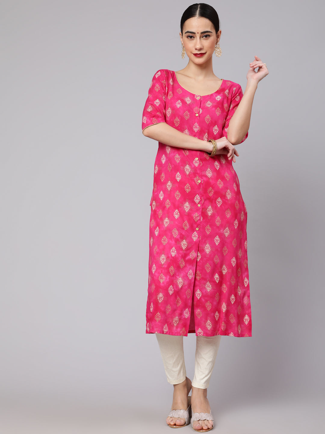 Women's Pink & Gold  Printed Button Down Kurta - Aks