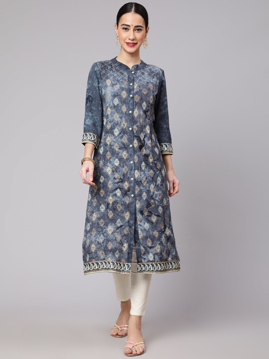 Women's Grey & Gold  Printed Button Down Kurta - Aks