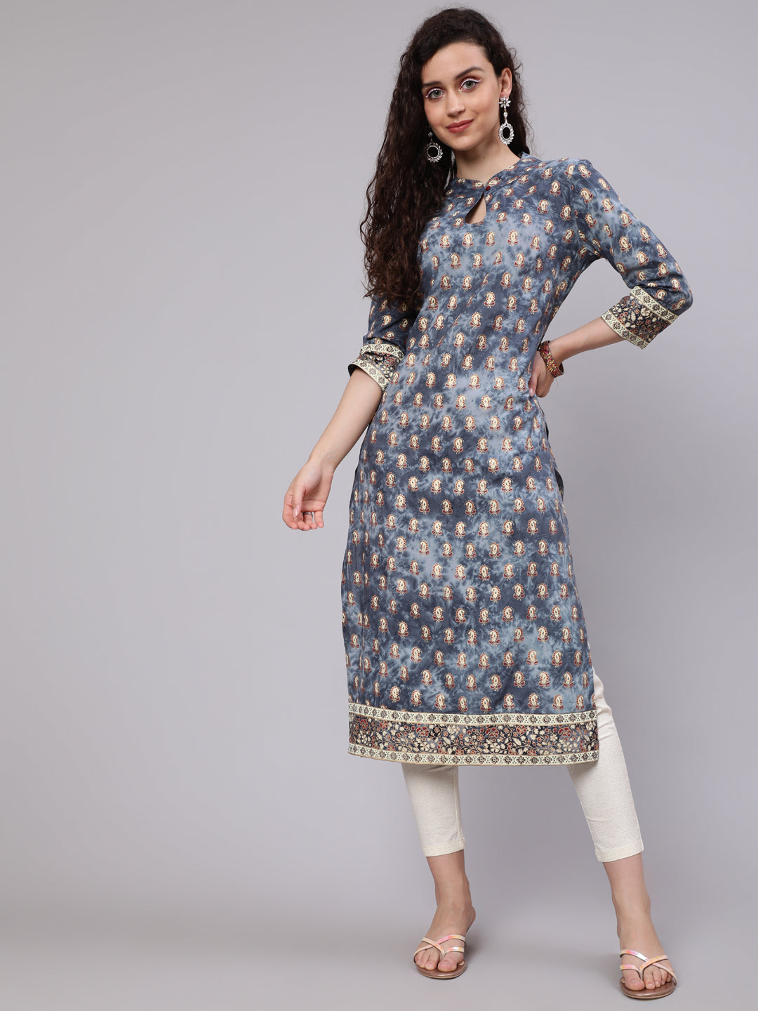 Women's Grey & Gold  Printed Straight Kurta - Aks