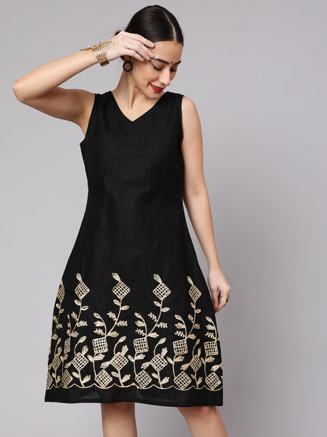 Women's Black Gota Embroidered Dress  - Aks