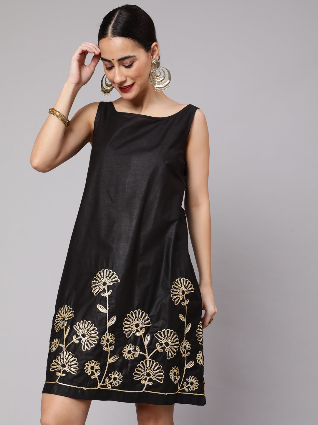 Women's Black Gota Embroidered Shift Dress  - Aks