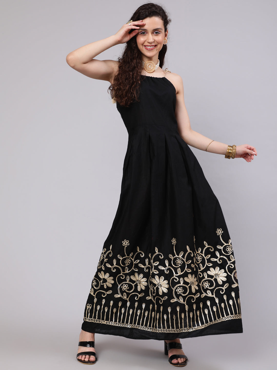 Women's Black Gota Embroidered Maxi Dress  - Aks